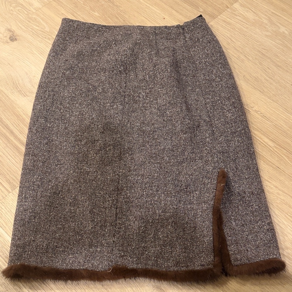 Etcetera Taupe Pencil Skirt with Faux Fur Trim
